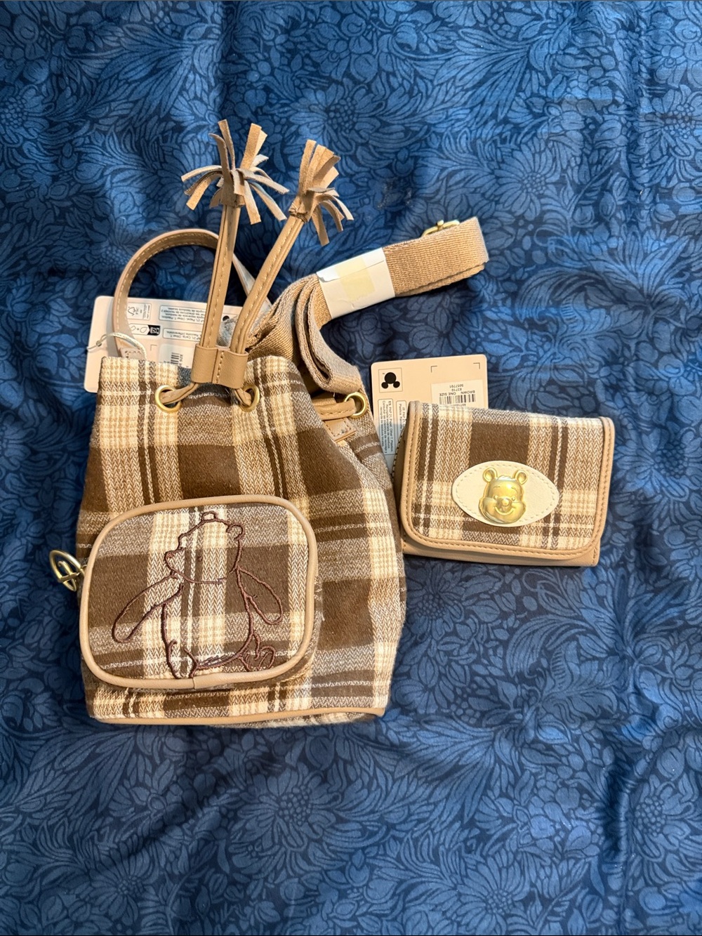Plaid Brown Mini Bucket Bag & Wallet Set with Winnie the Pooh